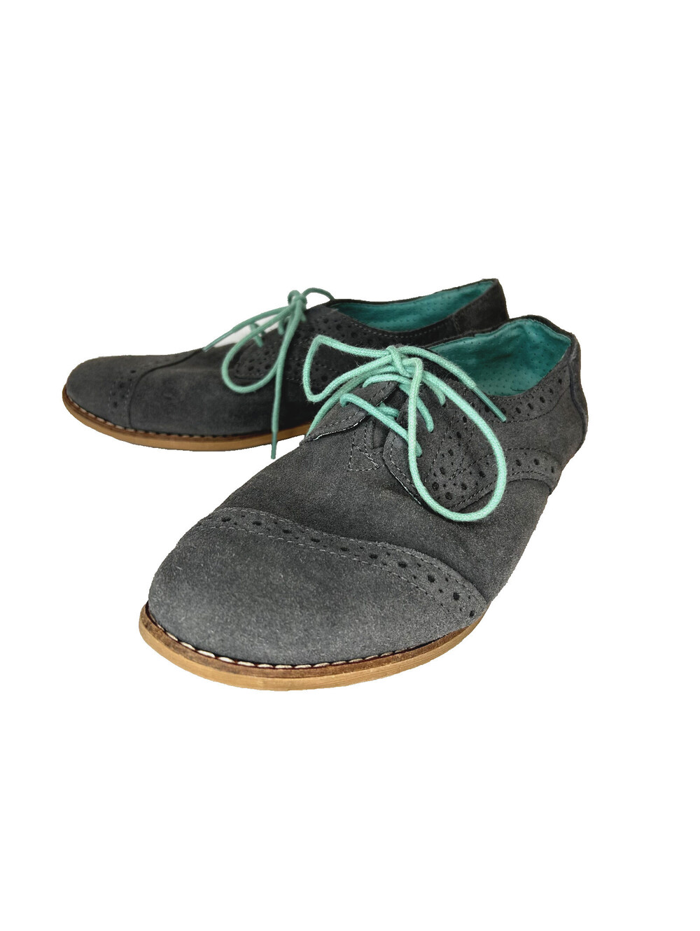 Toms Oxford Shoes Womens 9.5 Gray Teal Brogue Suede Lace Up Preppy Scholar